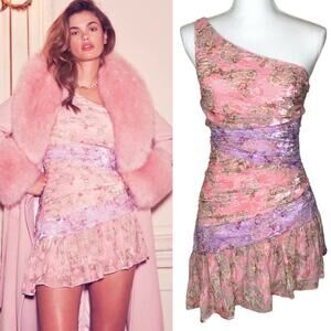 LoveShackFancy Zietta Dusty Amethyst Floral Paisley Velvet One Shoulder Mini